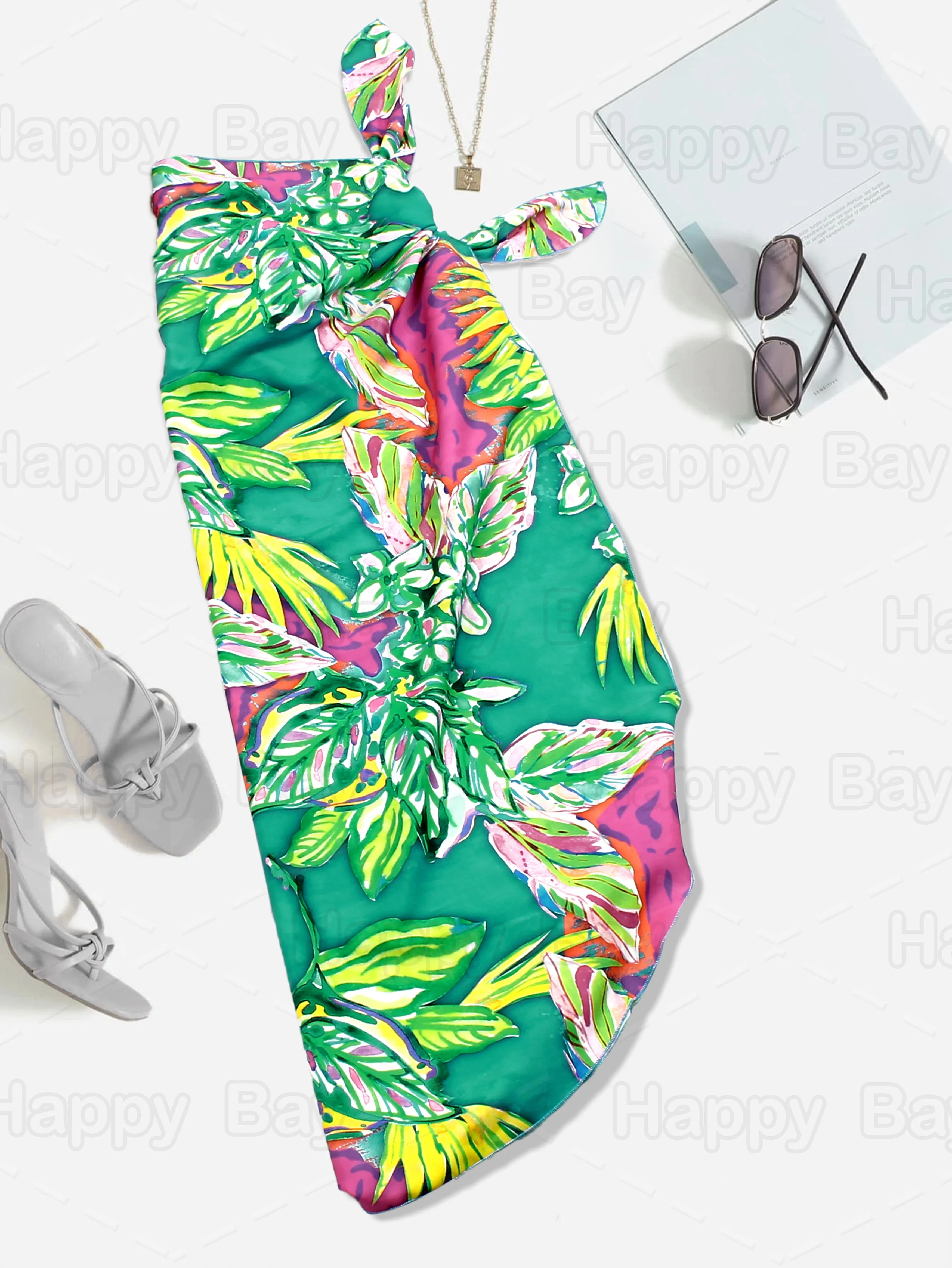 Non-Sheer Abstract Floral and Leaves Printed Beach Wrap For Women