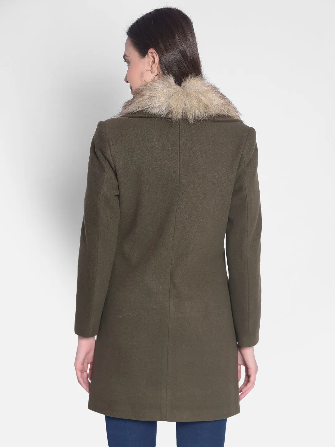 Olive Overcoat With Faux Fur Detail
