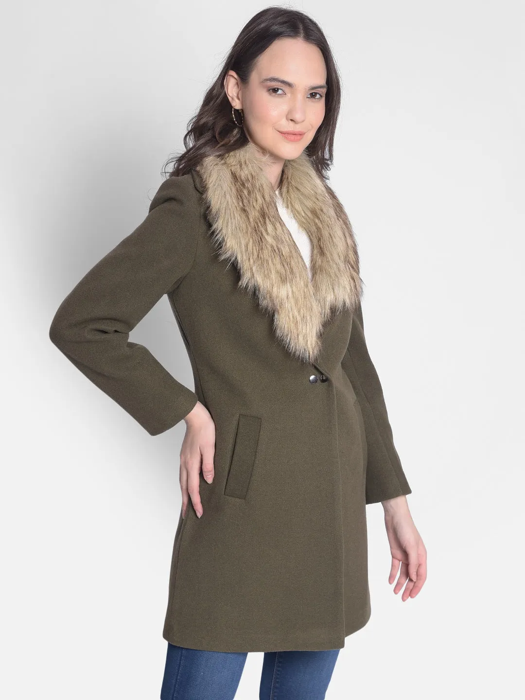 Olive Overcoat With Faux Fur Detail