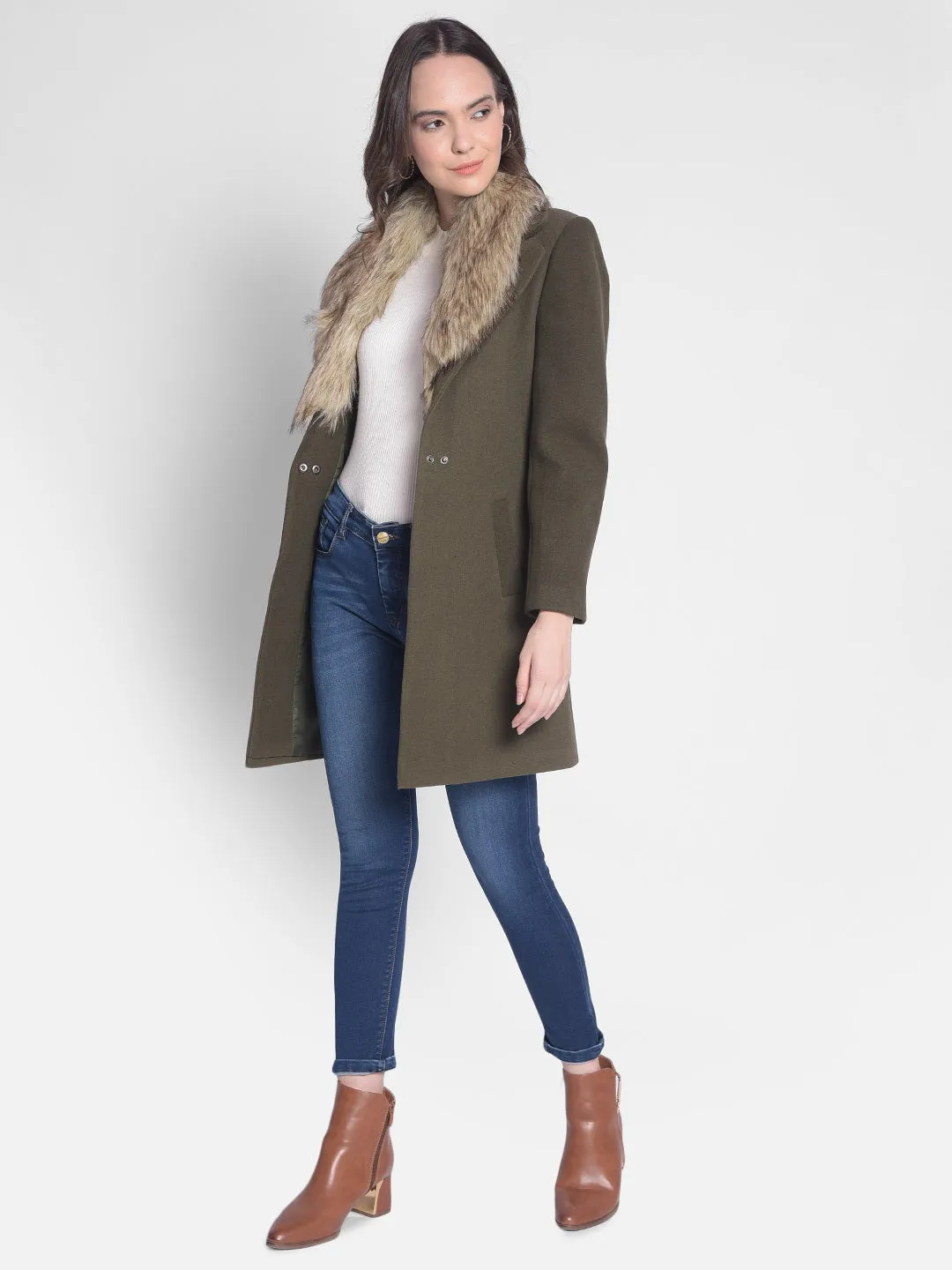Olive Overcoat With Faux Fur Detail