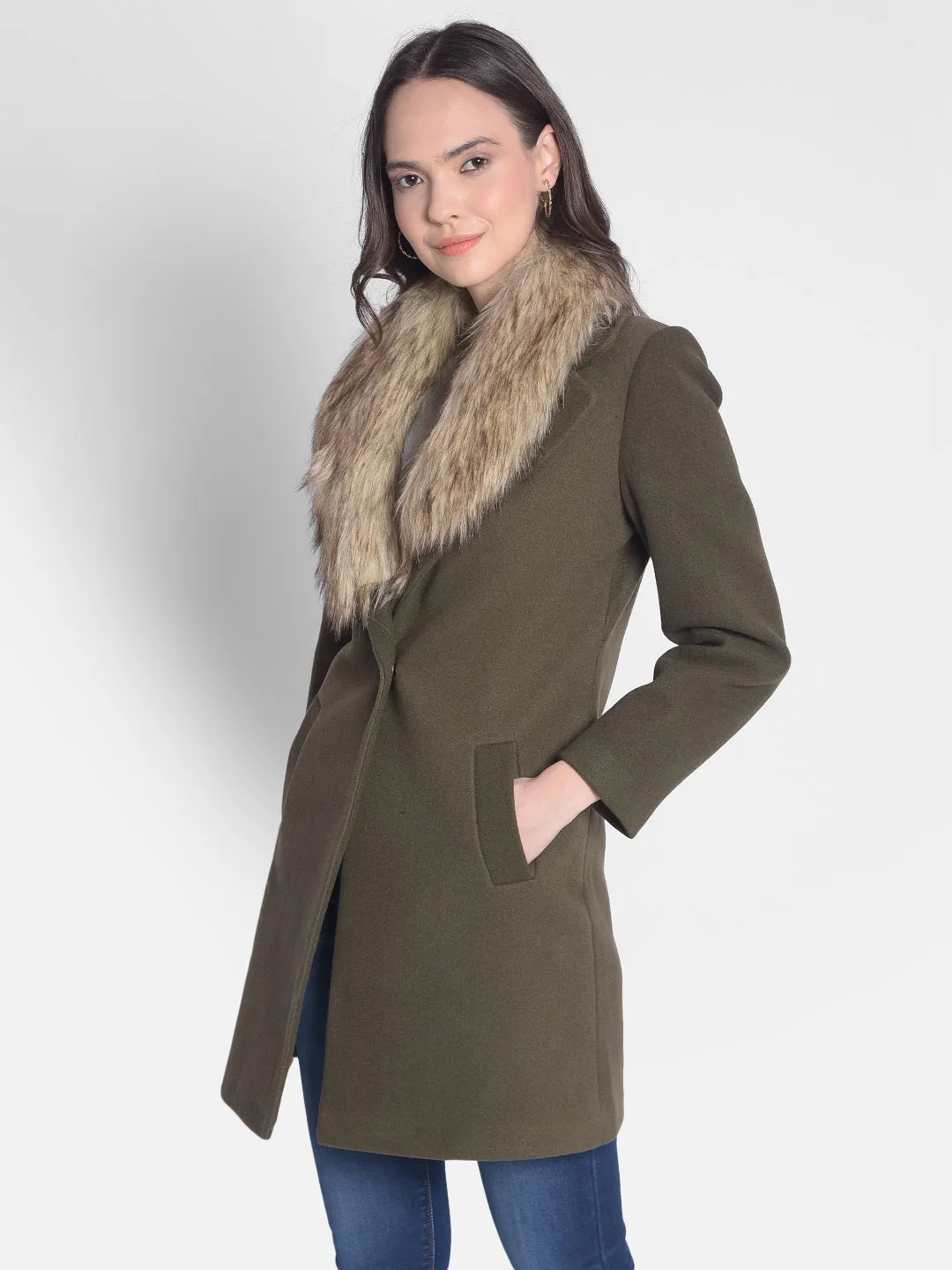 Olive Overcoat With Faux Fur Detail