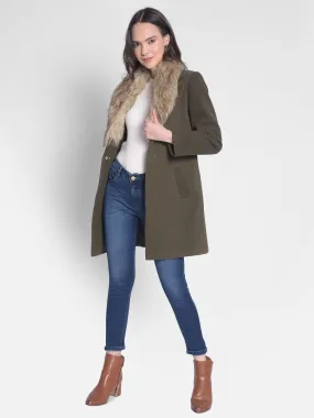 Olive Overcoat With Faux Fur Detail