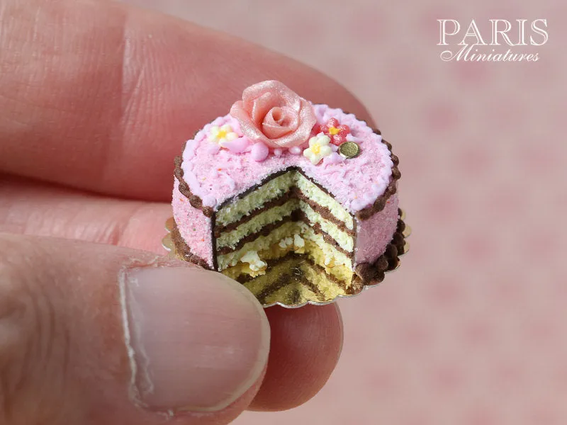 Pink And Chocolate Layer Cake decorated with Pink Rose - Miniature Food in 12th Scale for Dollhouse