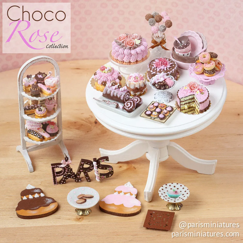 Pink And Chocolate Layer Cake decorated with Pink Rose - Miniature Food in 12th Scale for Dollhouse