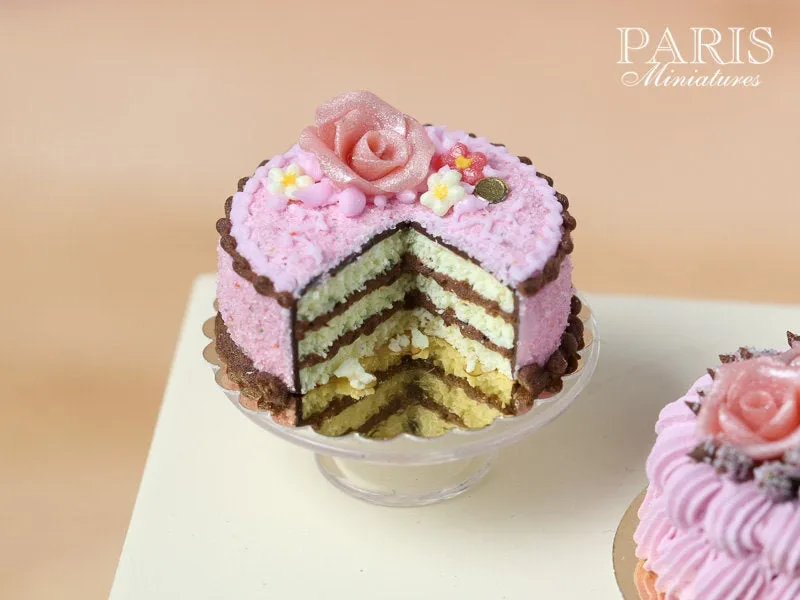 Pink And Chocolate Layer Cake decorated with Pink Rose - Miniature Food in 12th Scale for Dollhouse