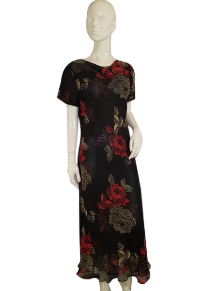 Plaza South 70's Short Sleeved Black Double Layer Sheer Floral W/Red Flowers And Ruffles Long Dress Size 12 SKU 000136