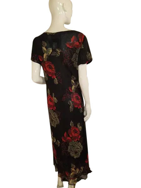 Plaza South 70's Short Sleeved Black Double Layer Sheer Floral W/Red Flowers And Ruffles Long Dress Size 12 SKU 000136