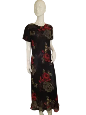 Plaza South 70's Short Sleeved Black Double Layer Sheer Floral W/Red Flowers And Ruffles Long Dress Size 12 SKU 000136