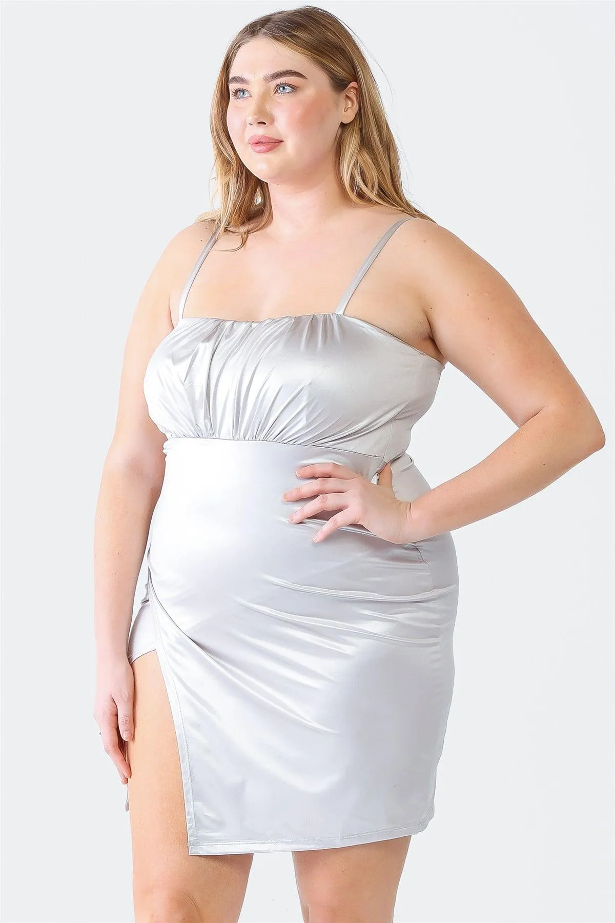 Plus Size Satin Sleeveless Strappy Wrap Hem Mini Dress