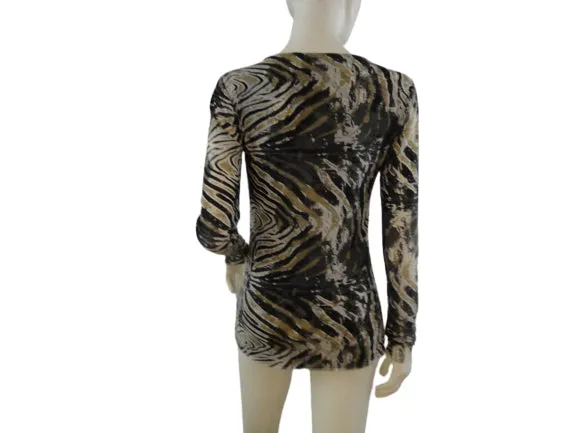 Poof 90's Long Sleeve Black, White And Tan Animal Print Sheer Top Size L SKU 000127