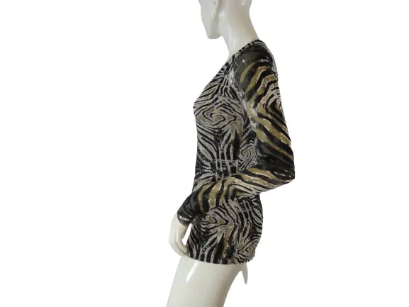 Poof 90's Long Sleeve Black, White And Tan Animal Print Sheer Top Size L SKU 000127