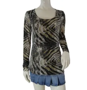 Poof 90's Long Sleeve Black, White And Tan Animal Print Sheer Top Size L SKU 000127