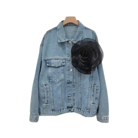 Pre Order:  Spliced 3D Flower Long Sleeve Blue Denim Jacket