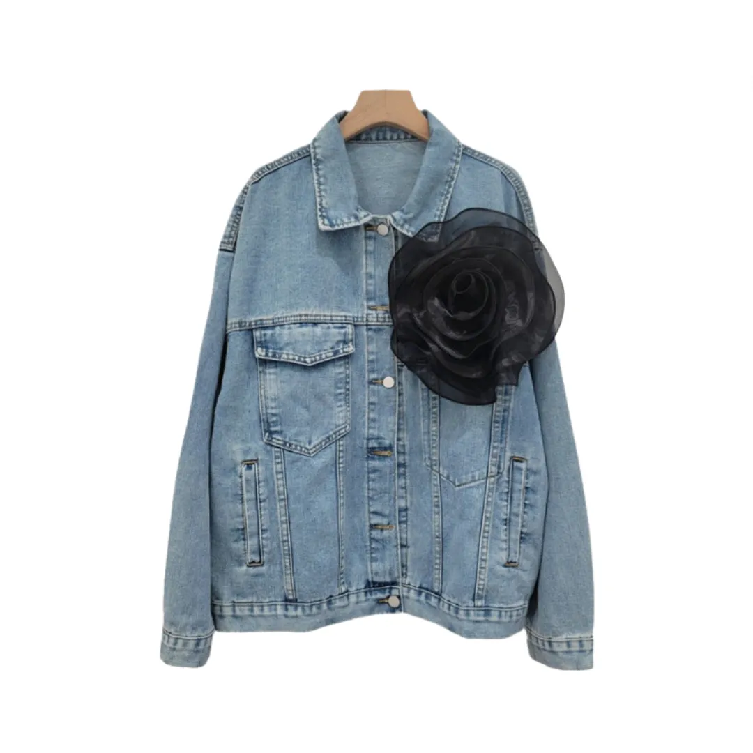 Pre Order:  Spliced 3D Flower Long Sleeve Blue Denim Jacket