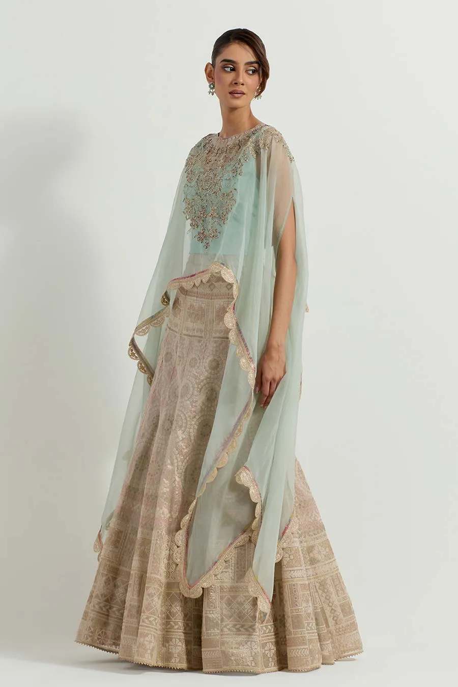 Raeth Sage Embroidered Cape & Tissue Lehenga Set