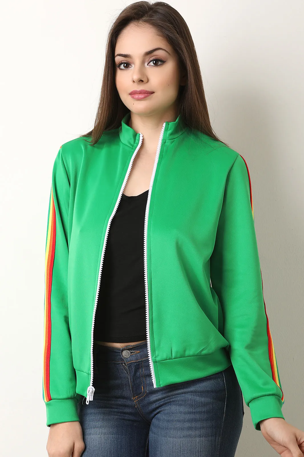 Rainbow Ribbon Striped Sleeve Zip Up Track Jacket
