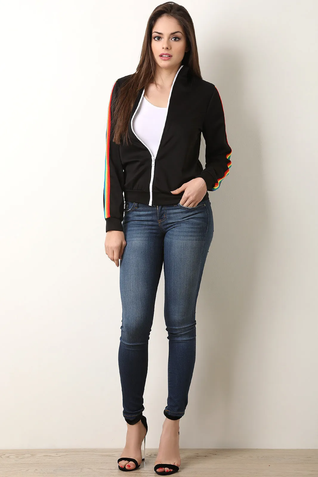 Rainbow Ribbon Striped Sleeve Zip Up Track Jacket