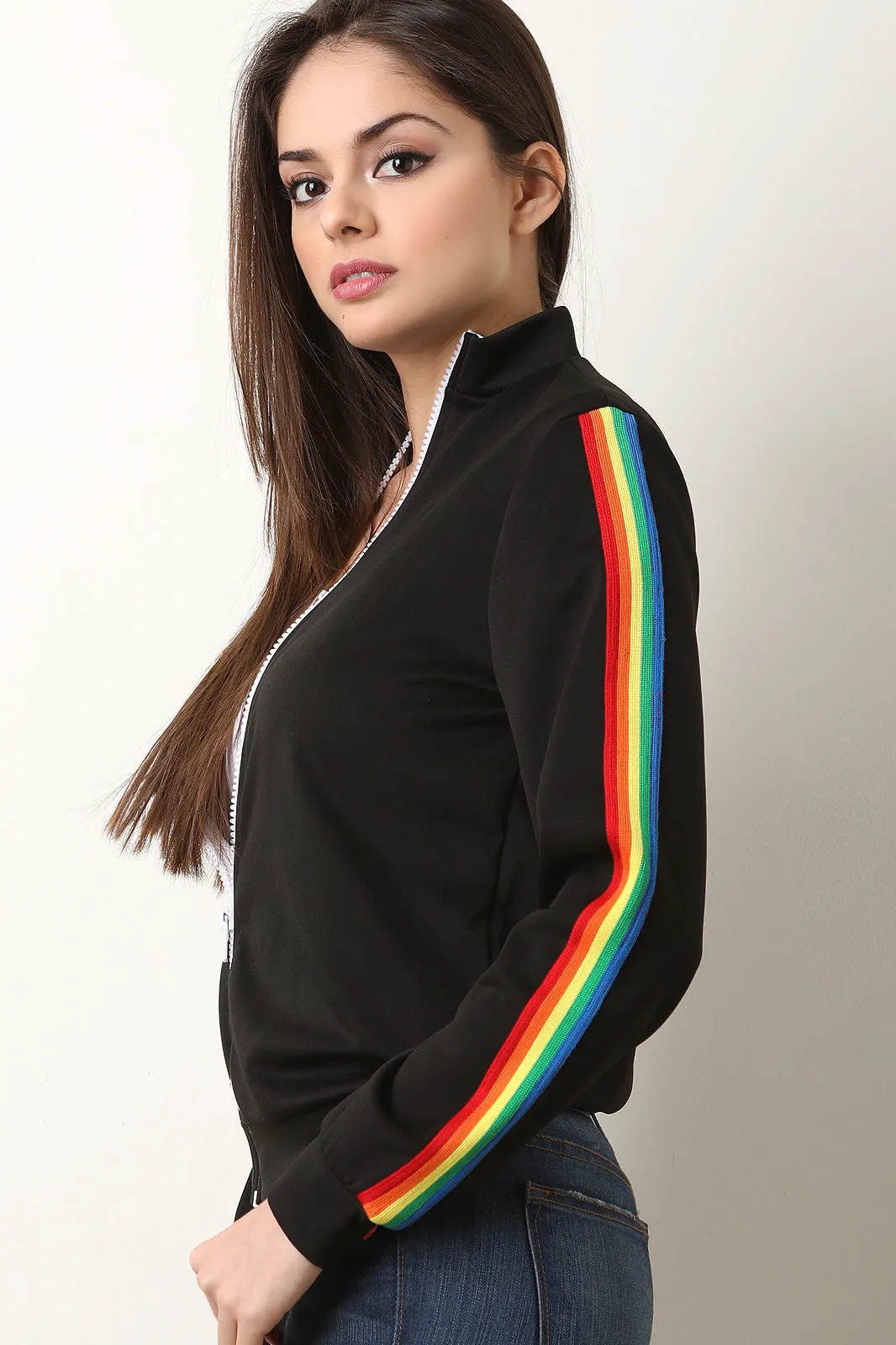 Rainbow Ribbon Striped Sleeve Zip Up Track Jacket