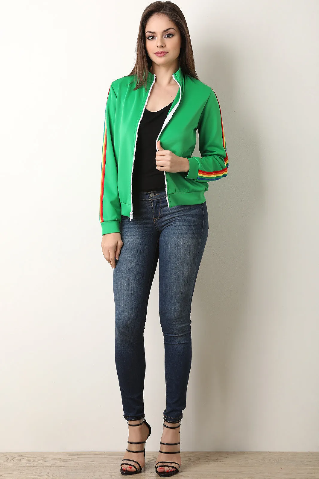 Rainbow Ribbon Striped Sleeve Zip Up Track Jacket