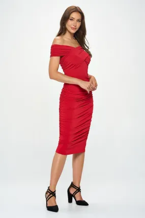 Red Off Shoulder Midi Bodycon Party Dress