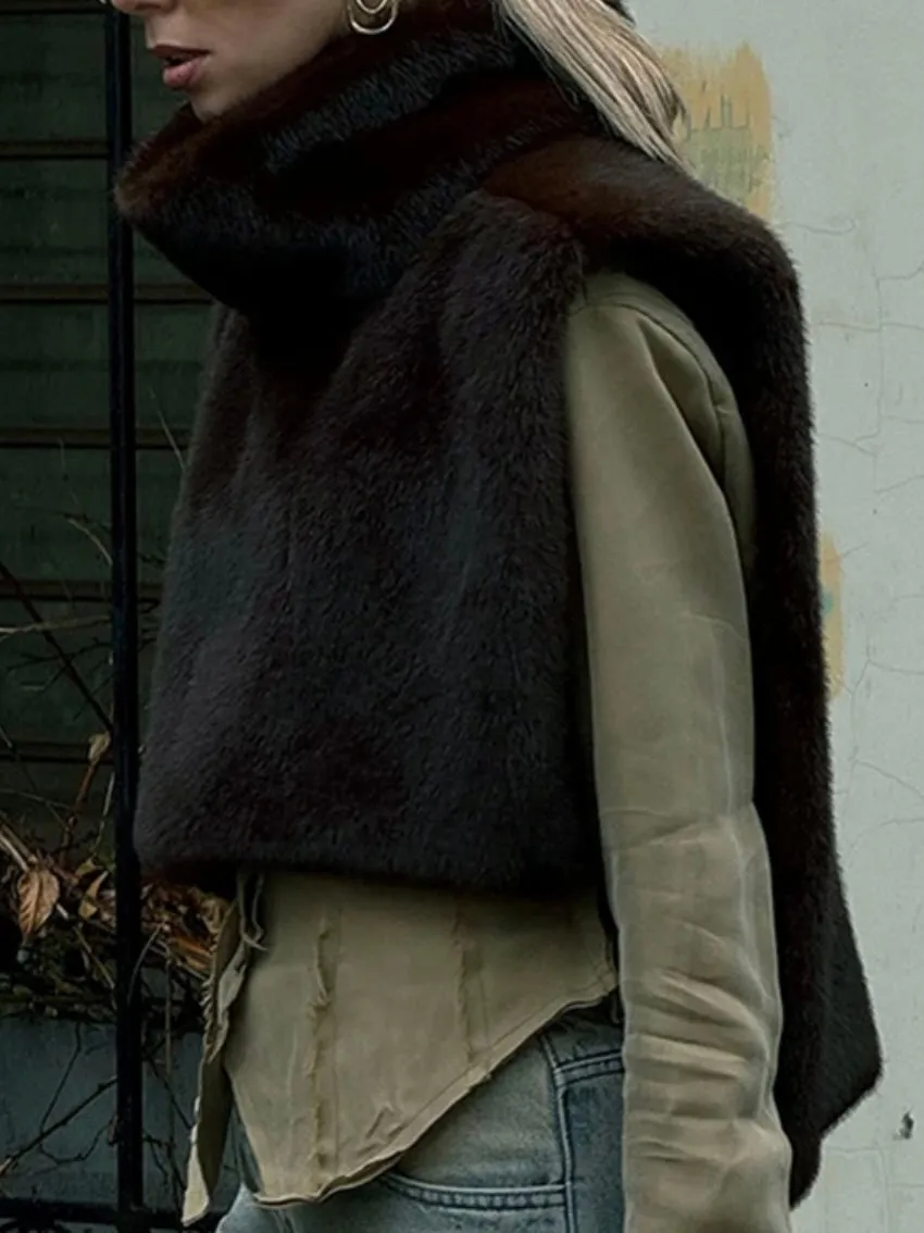 Shaggy faux leather cape poncho scarf coat look