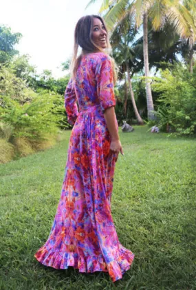 Sophia Alexia Maxi Ruffle Wrap Dress in Pink Fire