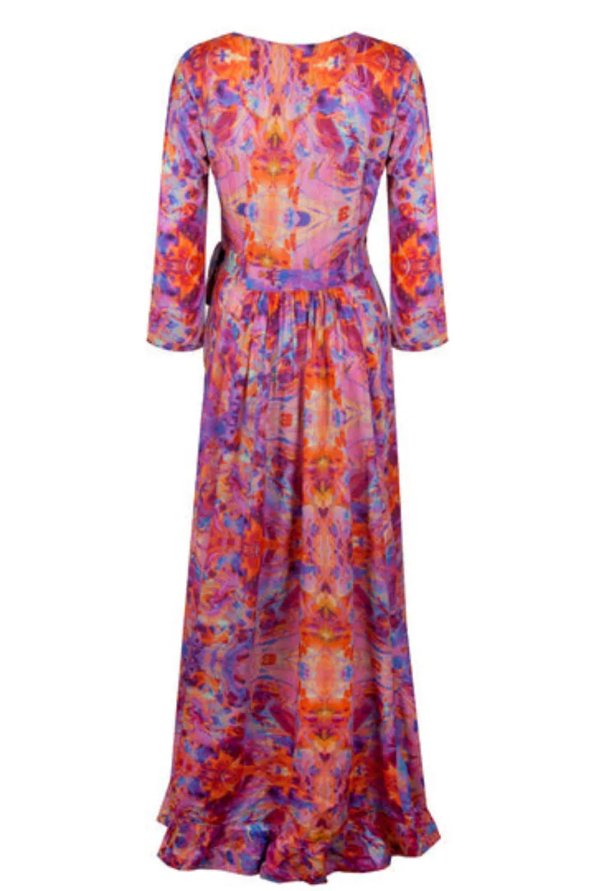 Sophia Alexia Maxi Ruffle Wrap Dress in Pink Fire
