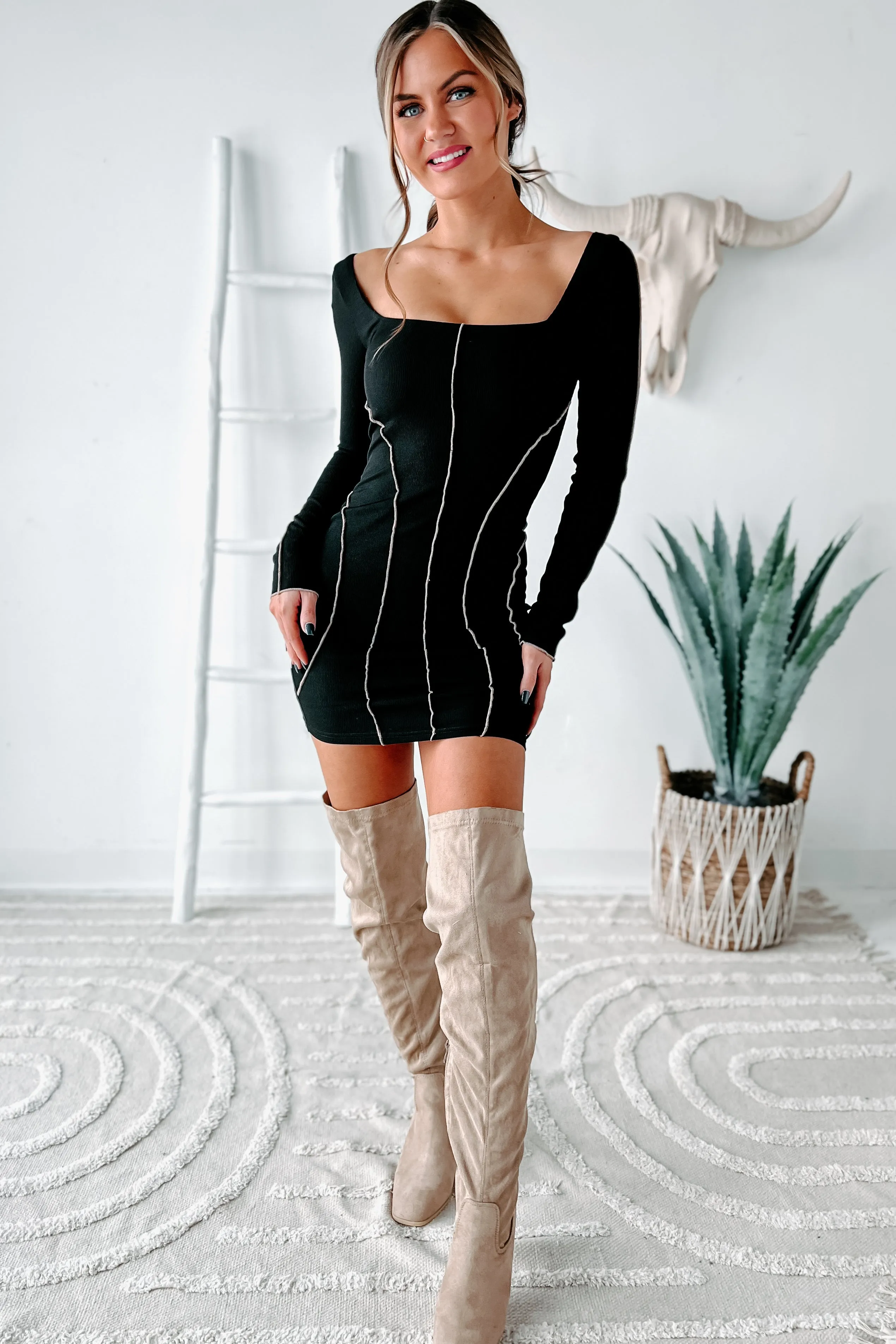 Stitch Me Up Square Neck Bodycon Dress (Black)