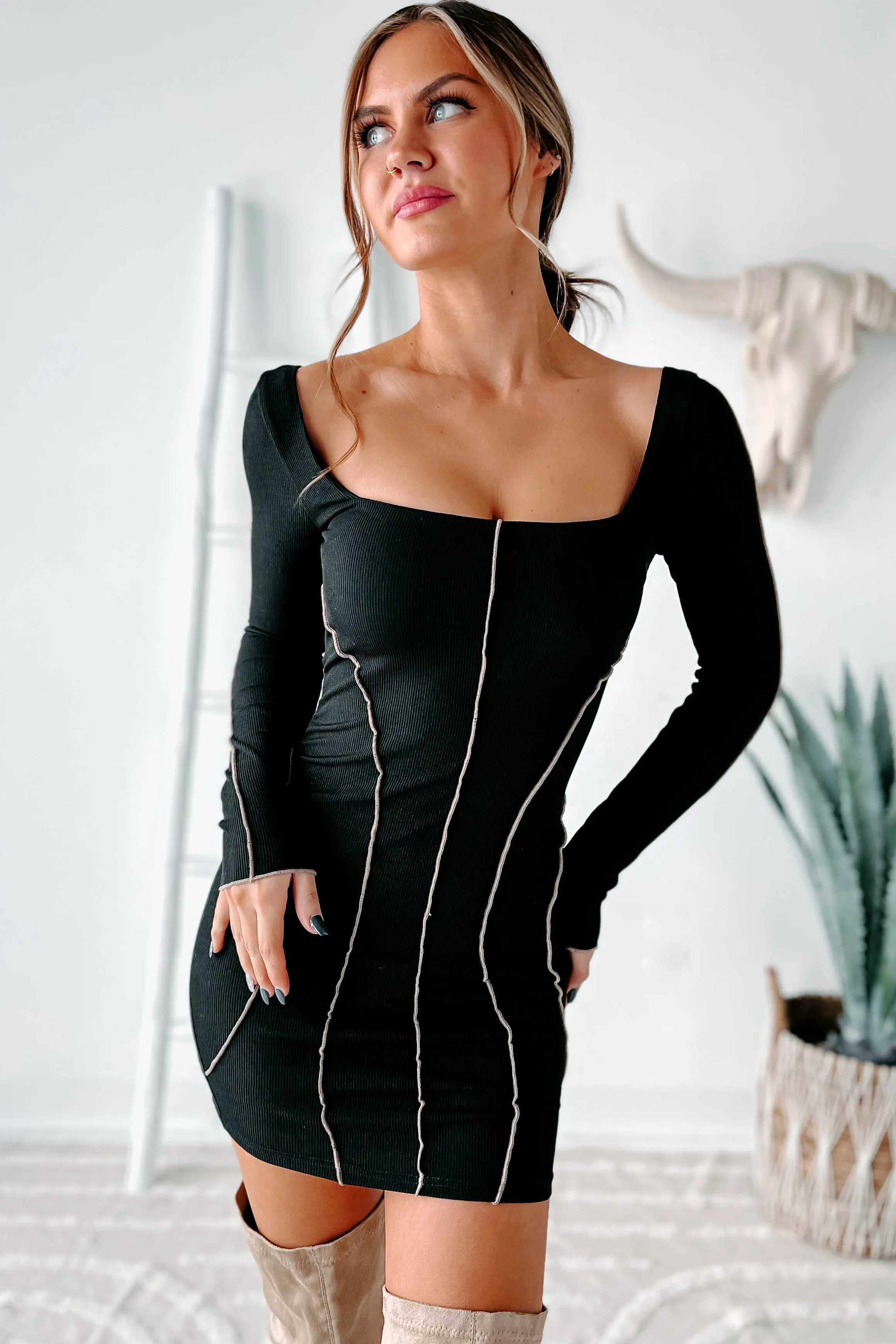 Stitch Me Up Square Neck Bodycon Dress (Black)