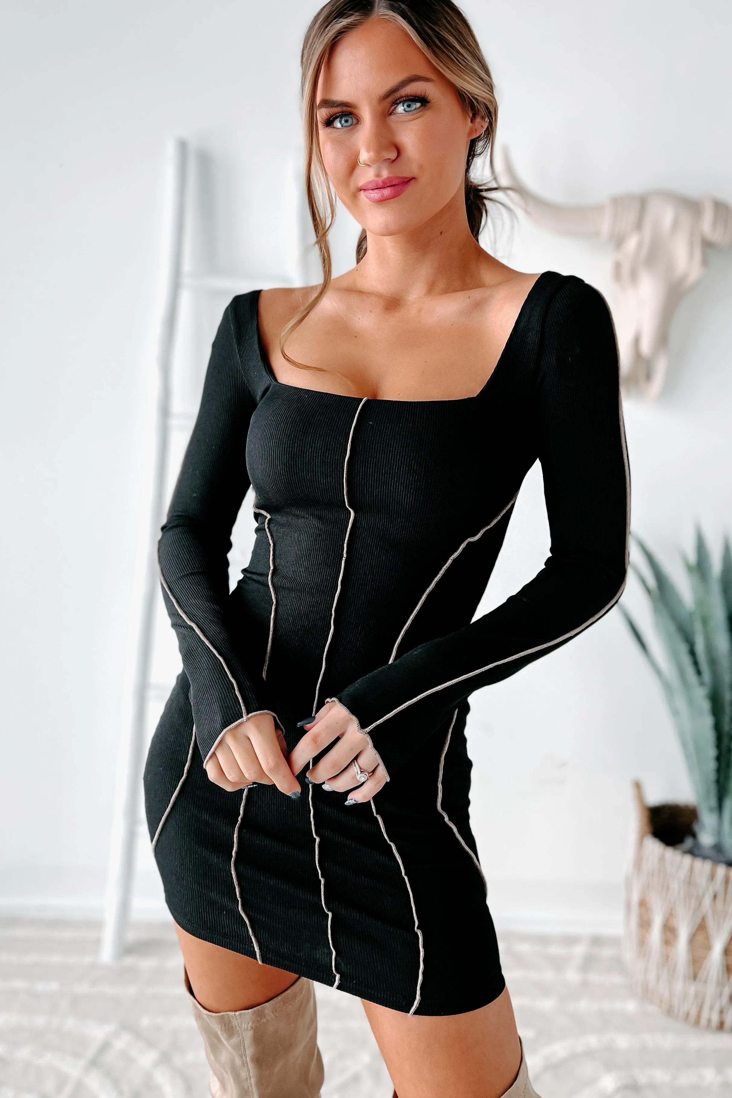 Stitch Me Up Square Neck Bodycon Dress (Black)