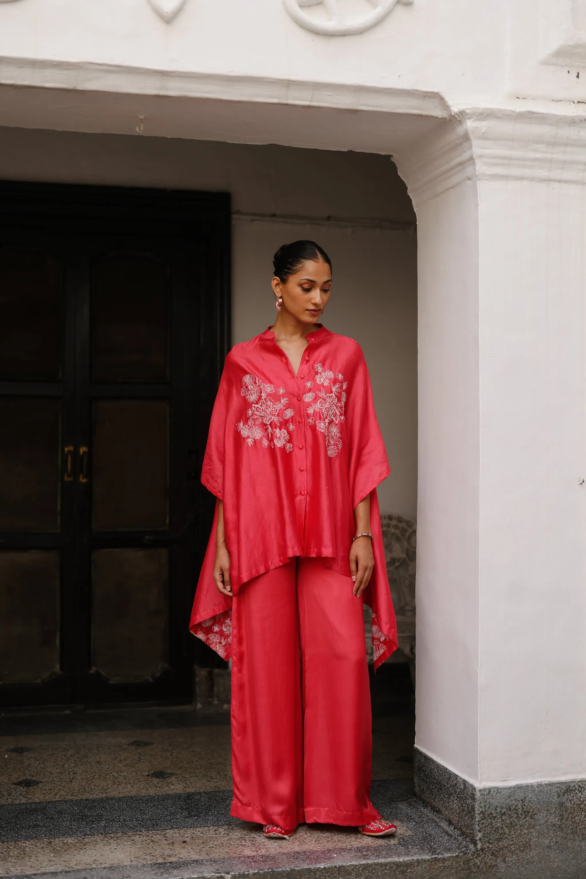 Strawberry Pink Embroidered Cape Set