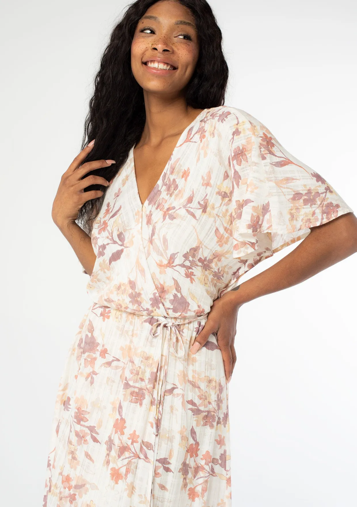 Watercolor Floral Faux Wrap Maxi Dress