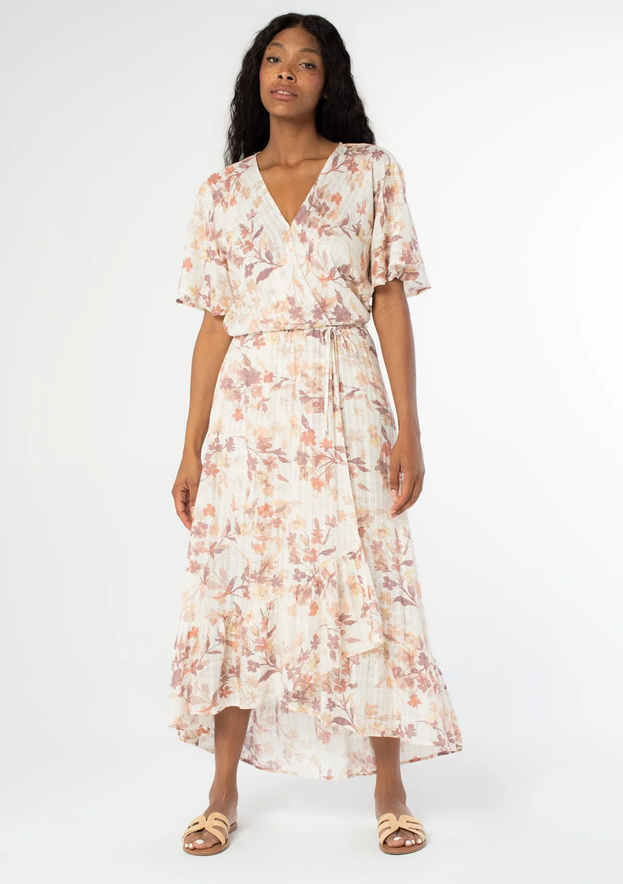 Watercolor Floral Faux Wrap Maxi Dress