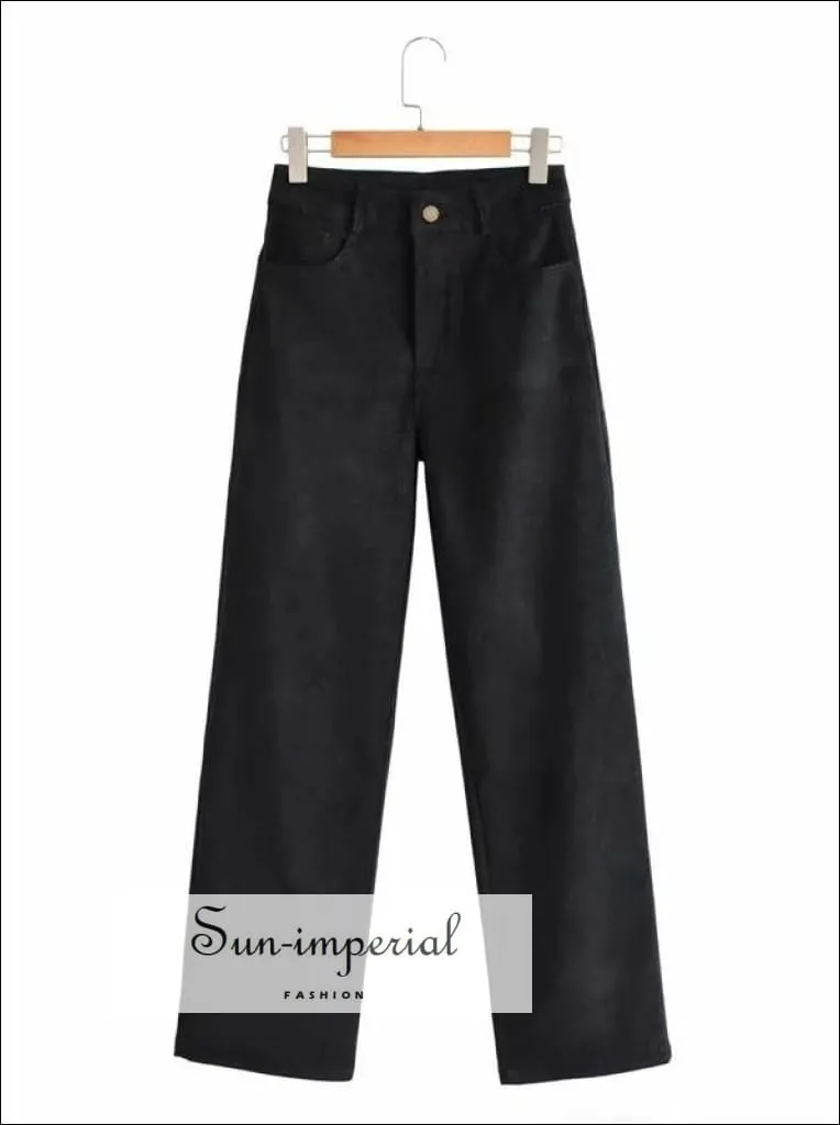 Women Black High Waist Wide Leg Cord Trousers Corduroy Pants