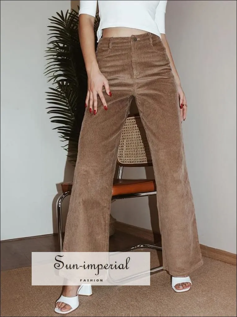 Women Black High Waist Wide Leg Cord Trousers Corduroy Pants