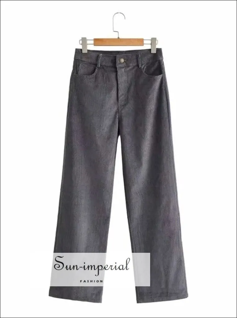 Women Black High Waist Wide Leg Cord Trousers Corduroy Pants