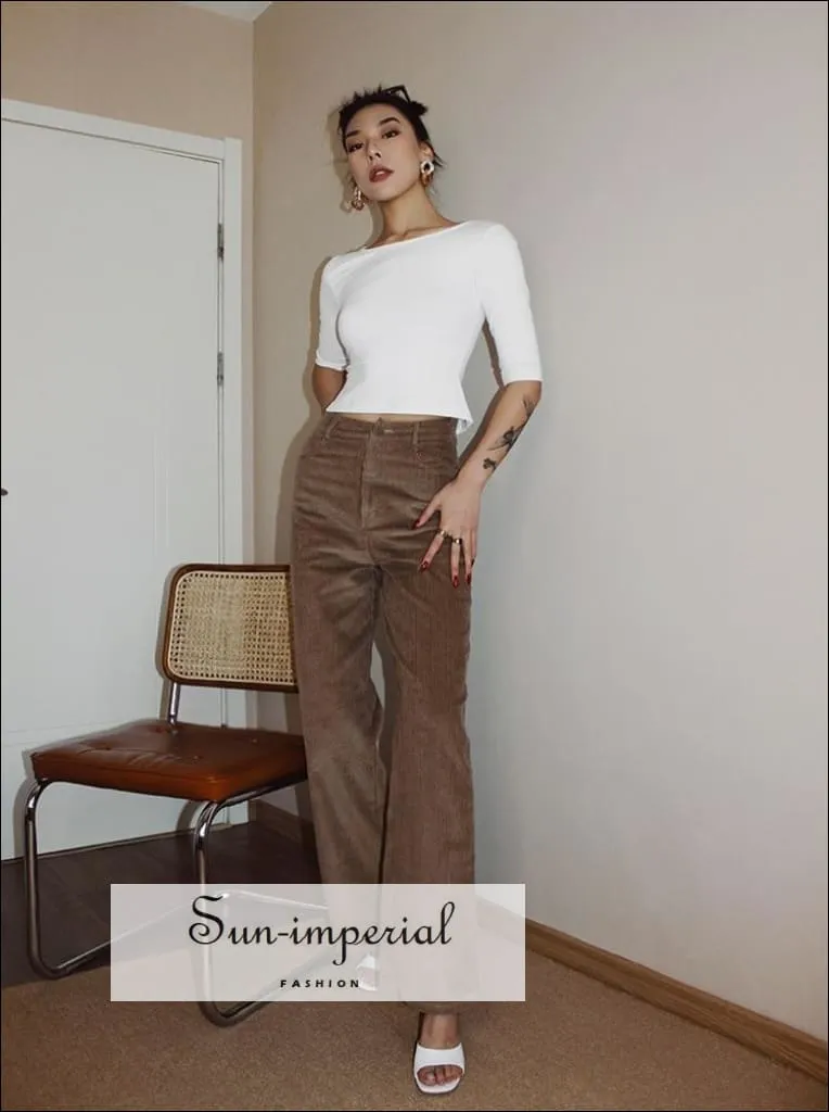 Women Black High Waist Wide Leg Cord Trousers Corduroy Pants
