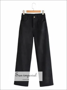 Women Black High Waist Wide Leg Cord Trousers Corduroy Pants