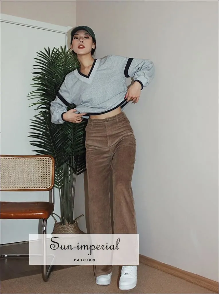 Women Black High Waist Wide Leg Cord Trousers Corduroy Pants