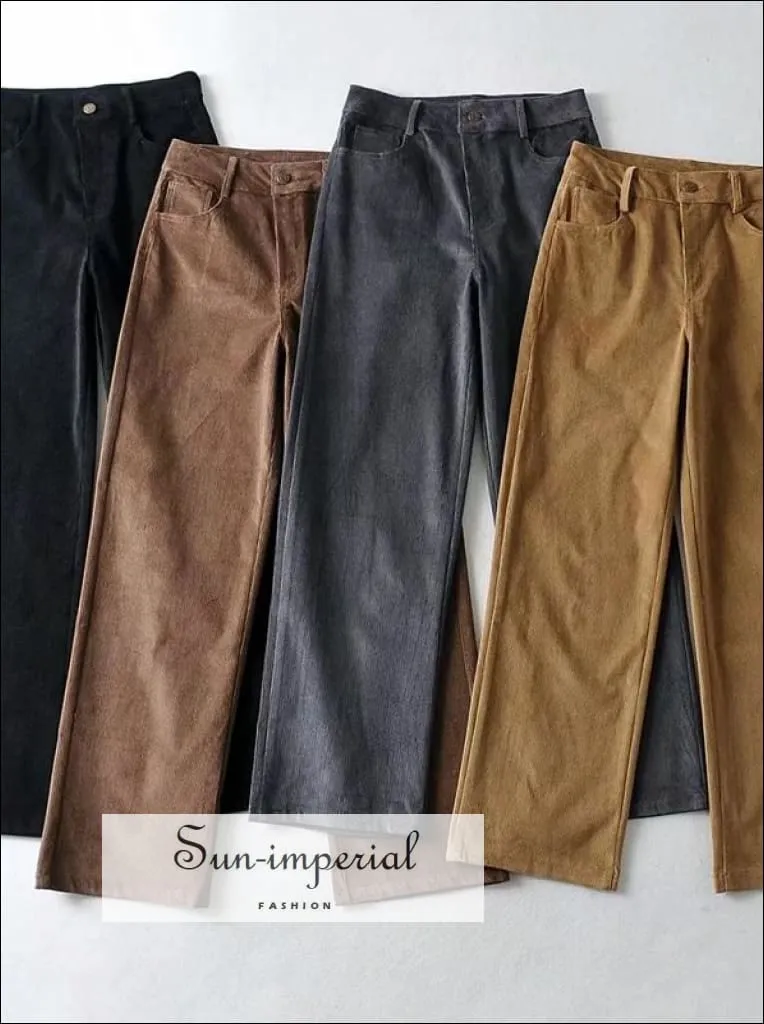 Women Black High Waist Wide Leg Cord Trousers Corduroy Pants