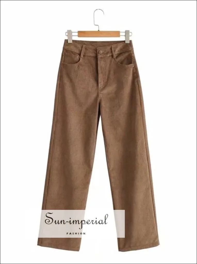 Women Black High Waist Wide Leg Cord Trousers Corduroy Pants
