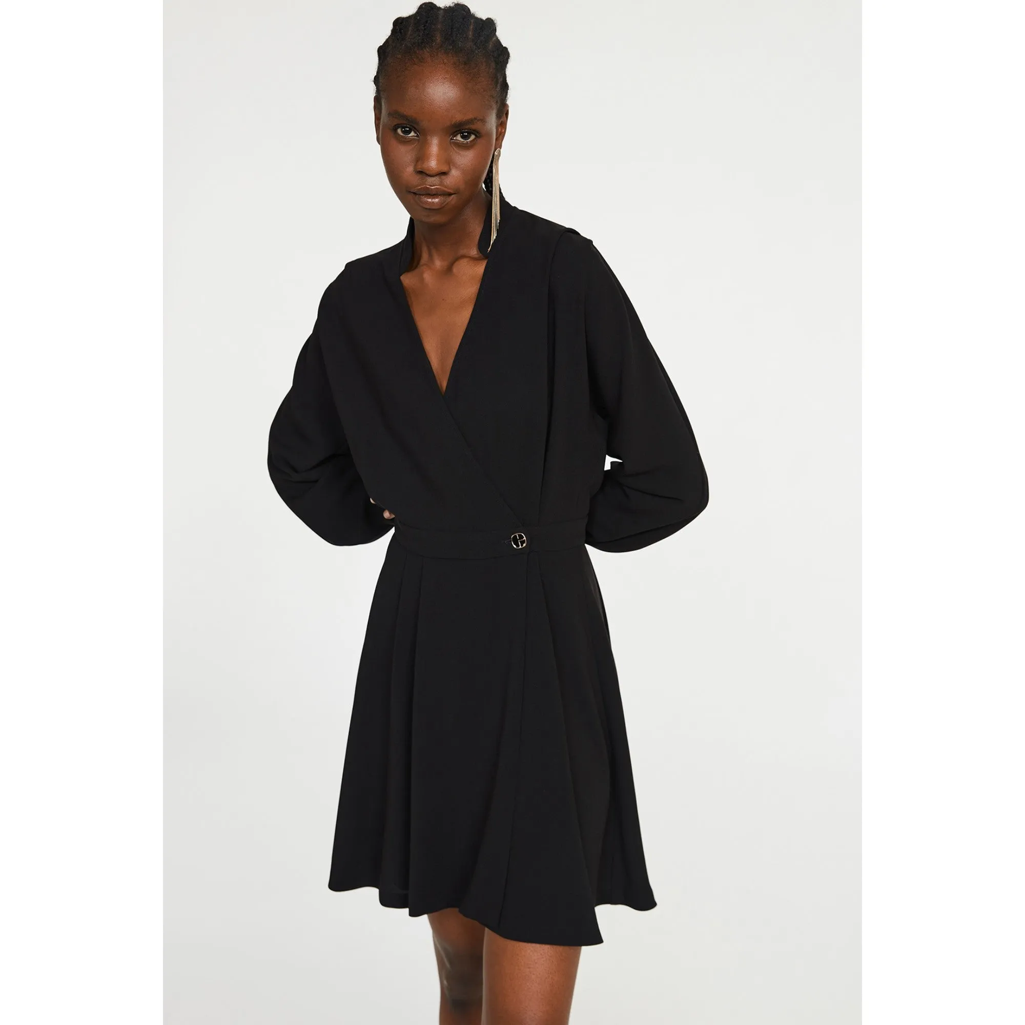 Women Waisted Wrap Dress - Black