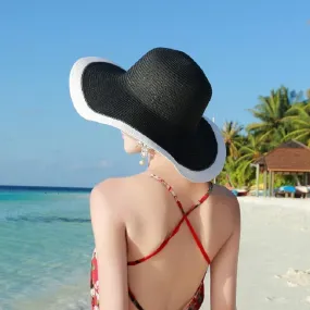 Womens Fashion Straw Sunhat Black & White Folding Floppy Derby Hat