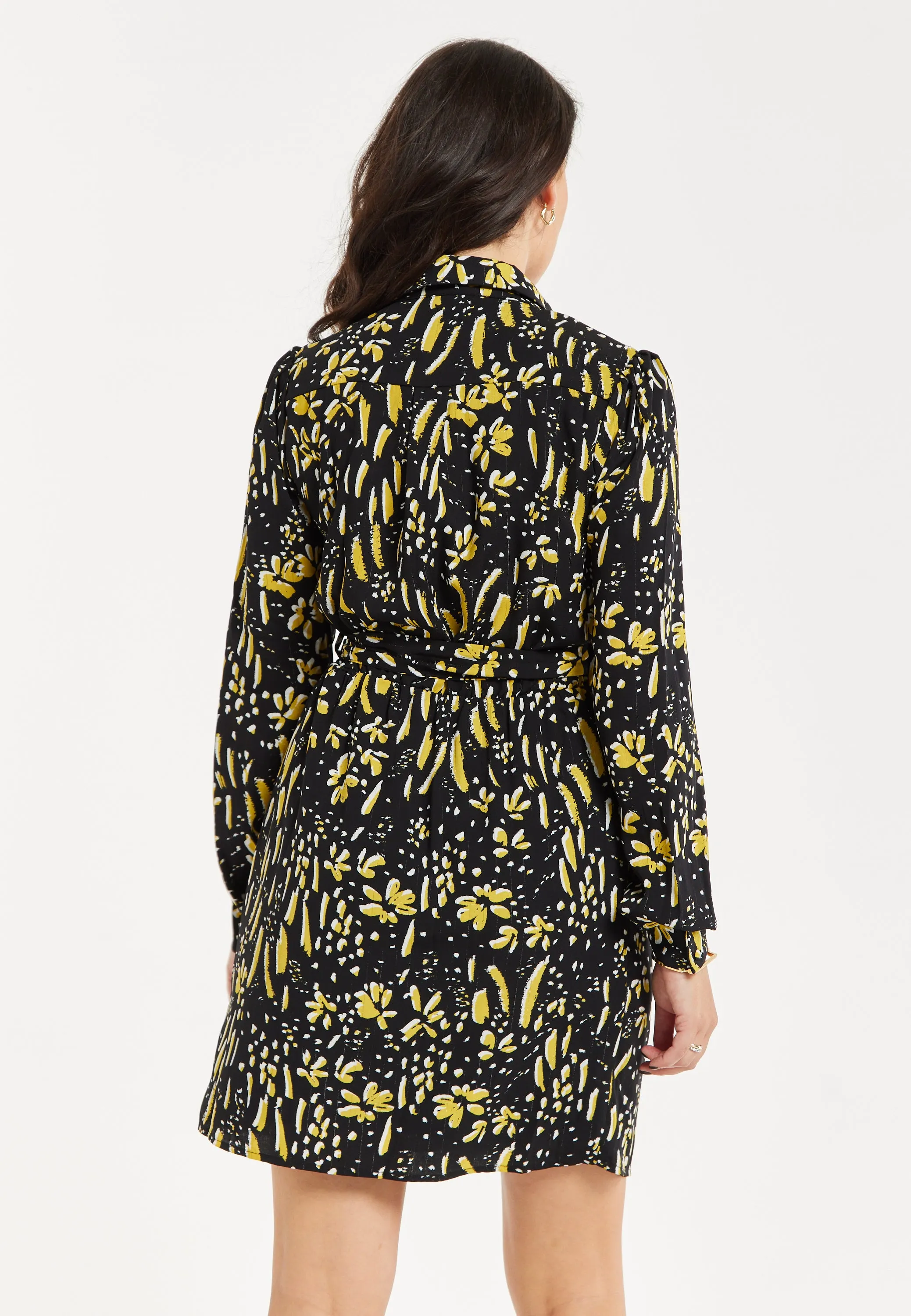 Women's Mini Dress in Black & Yellow with Long Flared Sleeves, Collar Tie-Side Detail - Liquorish