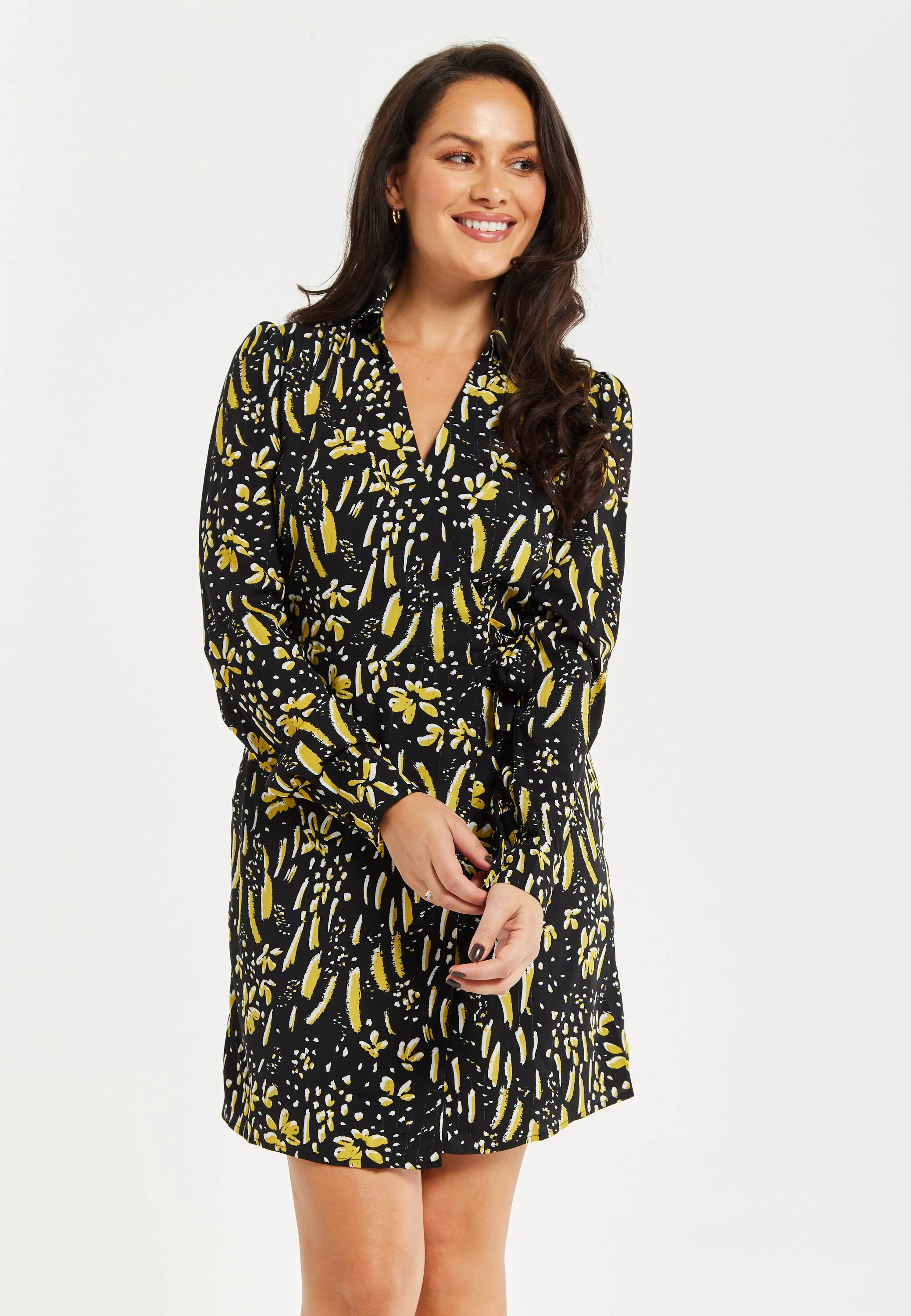 Women's Mini Dress in Black & Yellow with Long Flared Sleeves, Collar Tie-Side Detail - Liquorish