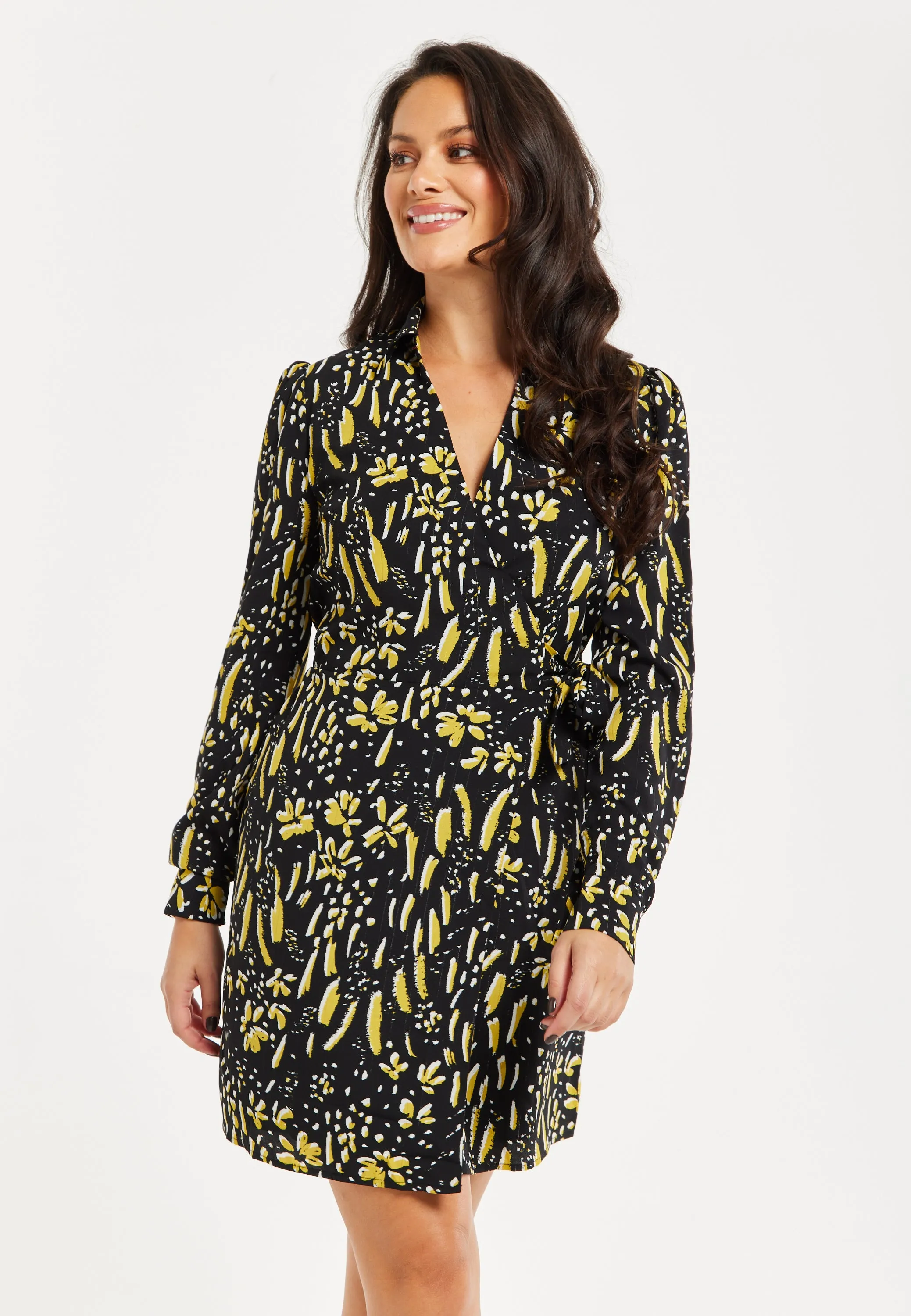 Women's Mini Dress in Black & Yellow with Long Flared Sleeves, Collar Tie-Side Detail - Liquorish