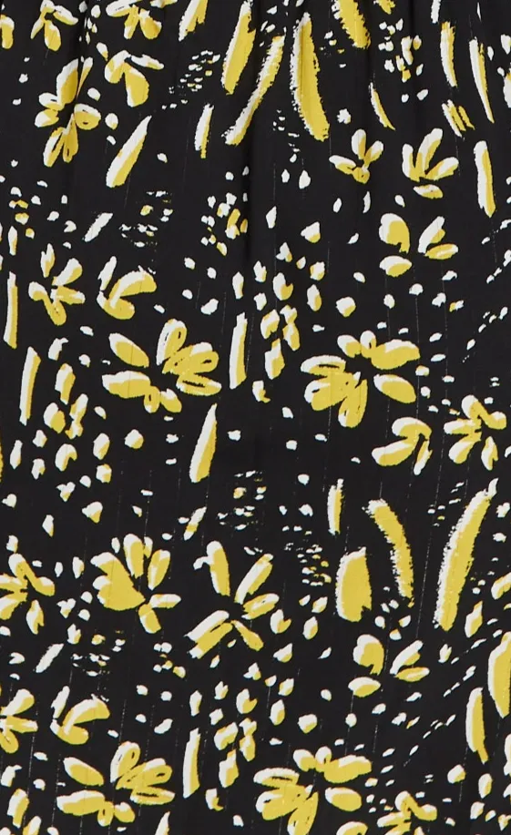 Women's Mini Dress in Black & Yellow with Long Flared Sleeves, Collar Tie-Side Detail - Liquorish