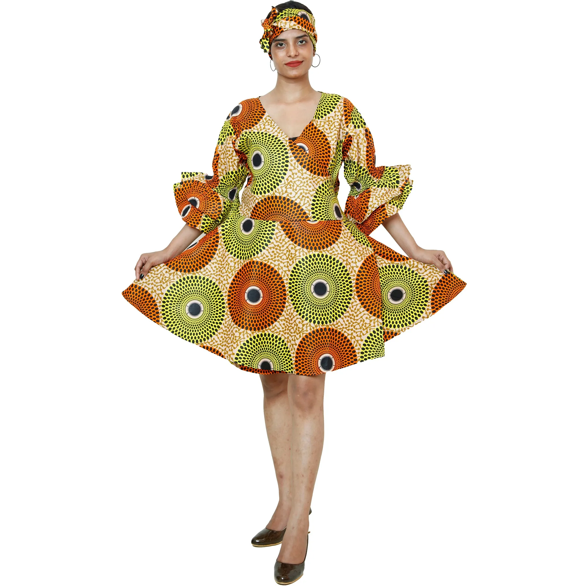 Women's Ruffle Sleeve Short Wrap Dress with Headwrap -- FI-73P
