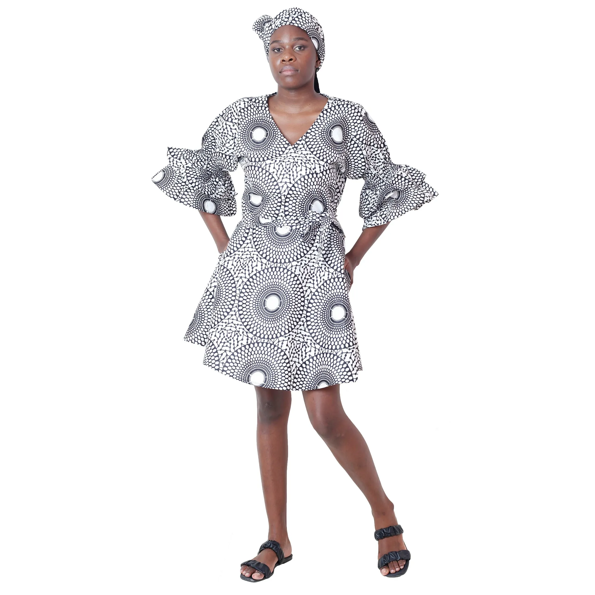 Women's Ruffle Sleeve Short Wrap Dress with Headwrap -- FI-73P