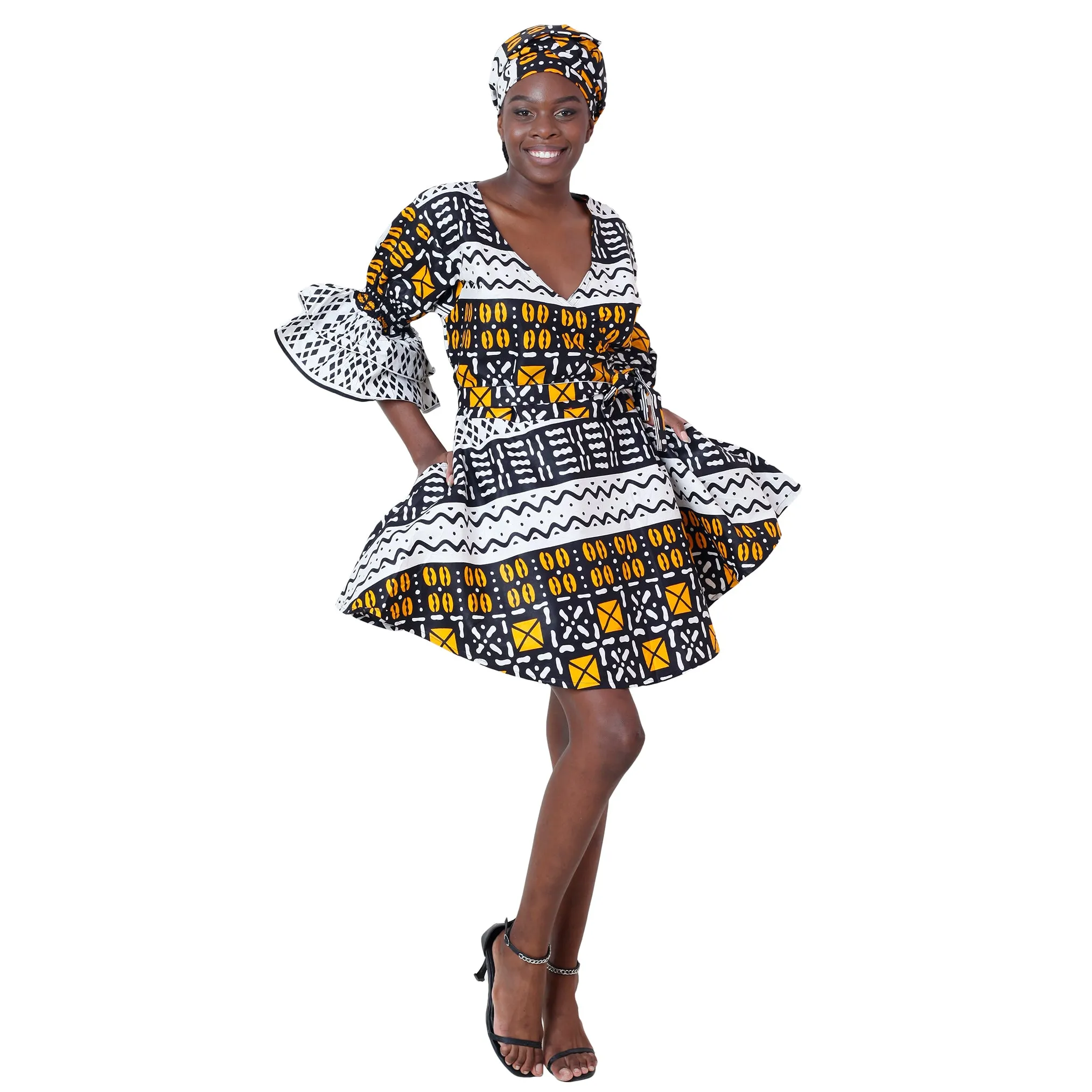 Women's Ruffle Sleeve Short Wrap Dress with Headwrap -- FI-73P